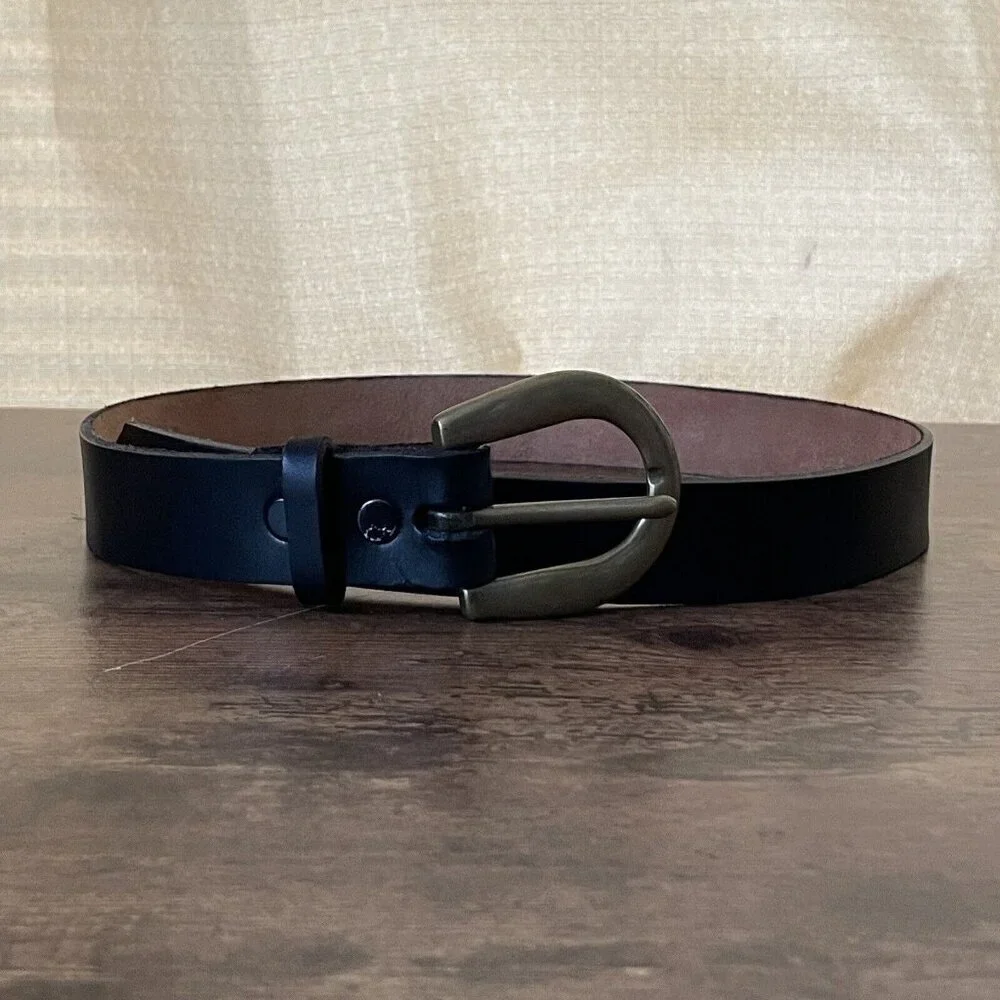 Mens Black Leather Belt Sz M Brass Buckle No Holes! Unused